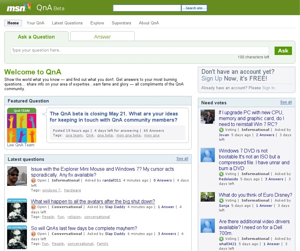 MSN QnA - Questions and Answers Site (2009)
